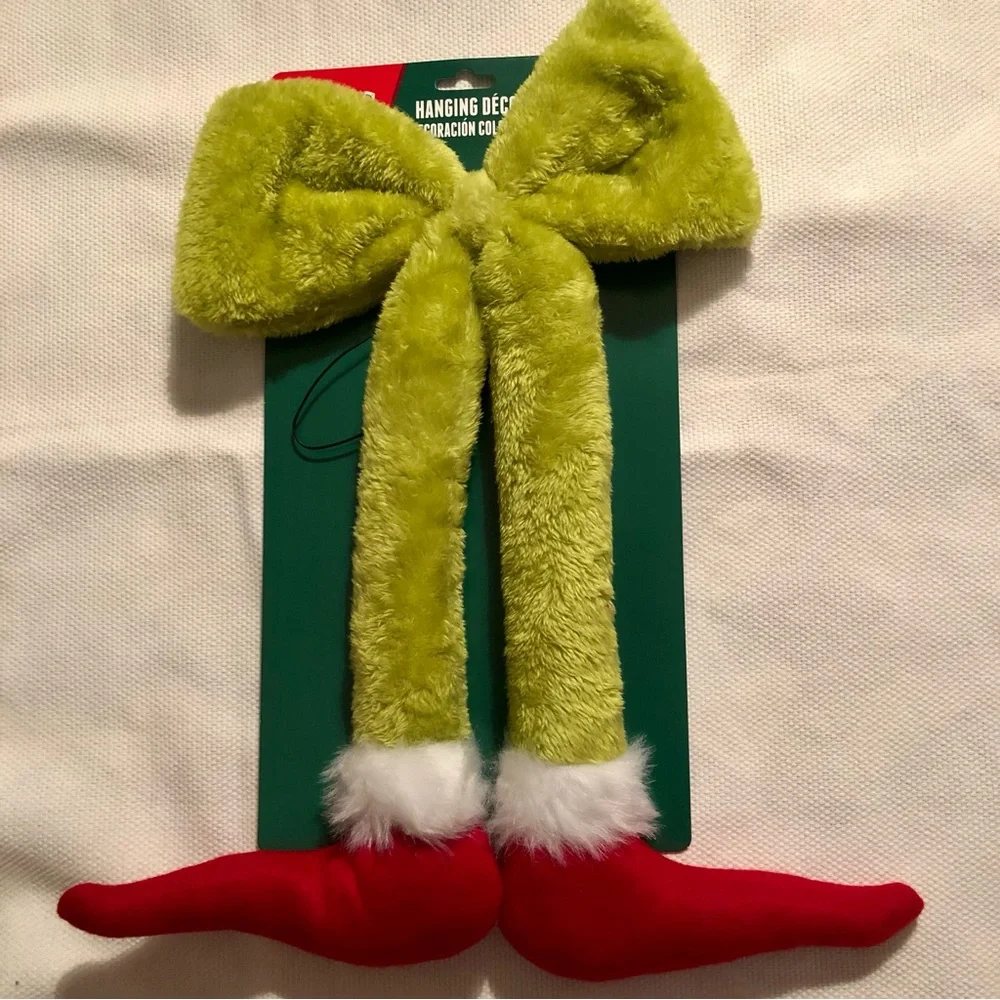 The Grinch Hanging Green Bow Grinch Legs Door Hangin NWT Dr. Suess furry soft